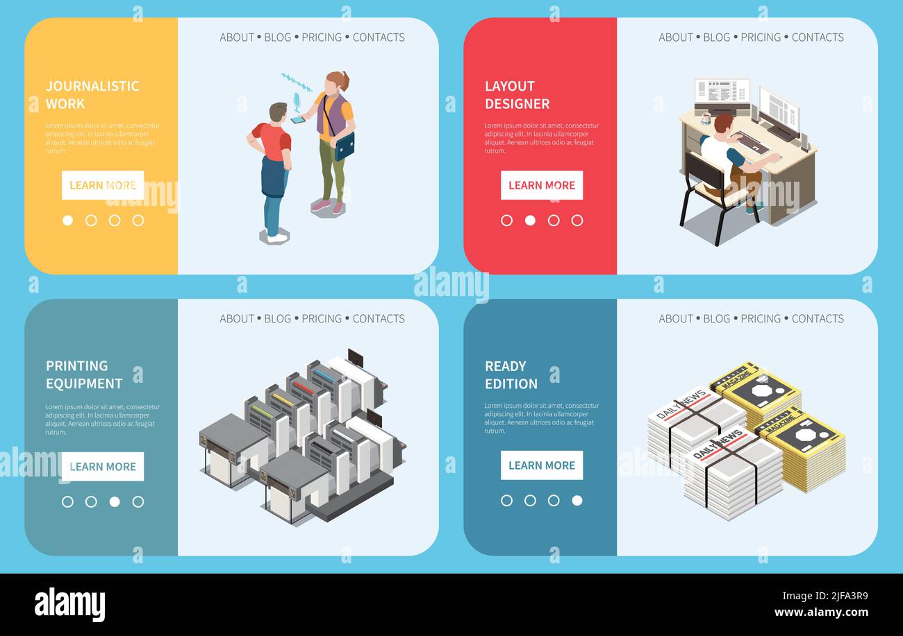 Montage de bannières horizontales avec équipement d'impression de concepteur de mise en page journaliste et presse prête à l'emploi illustration vectorielle isolée isométrique Illustration de Vecteur