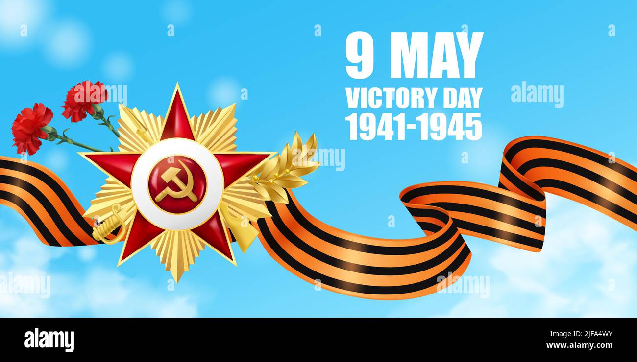 Affiche horizontale réaliste du jour de la victoire avec texte « 9 mai Victory Day » modifiable fond ciel et ruban saint george avec illustration vectorielle de la médaille Illustration de Vecteur