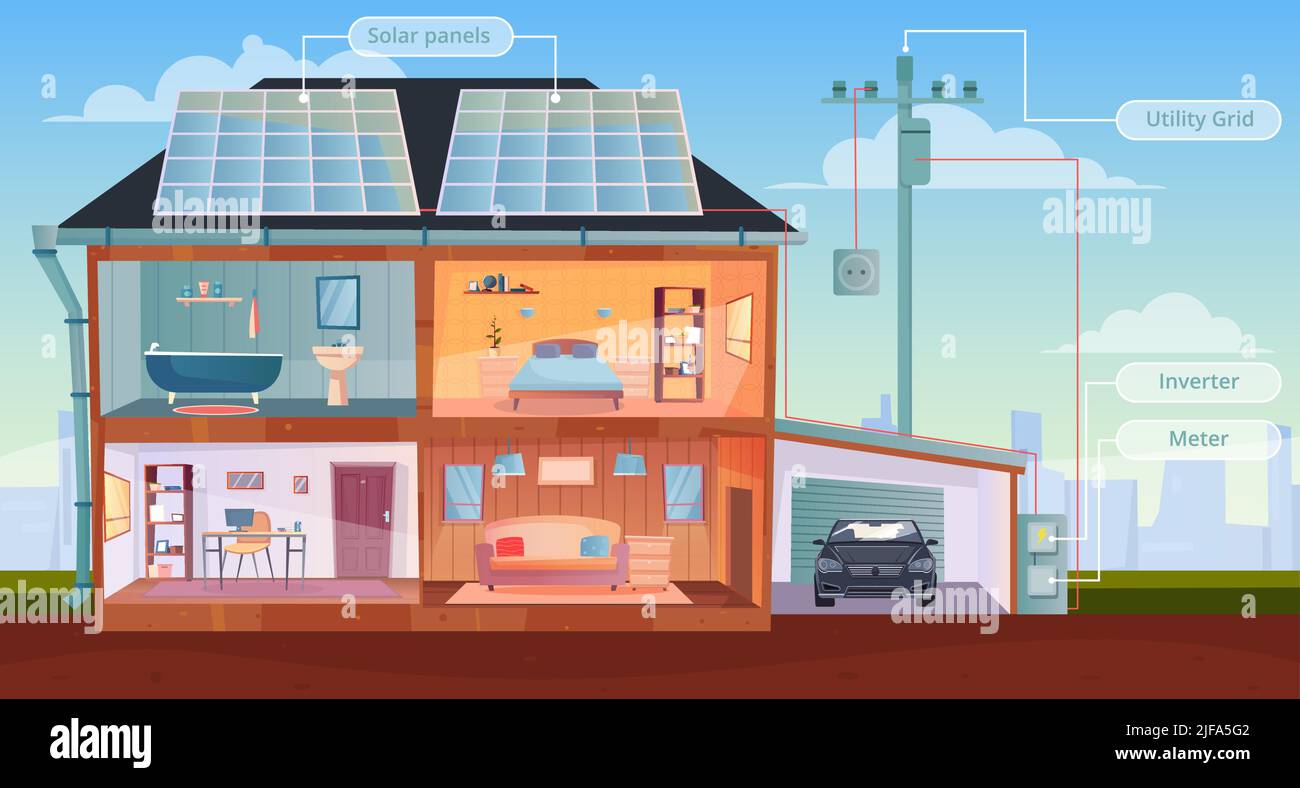 Maison d'énergie solaire avec cellules solaires sur le toit plat illustration vectorielle d'arrière-plan Illustration de Vecteur