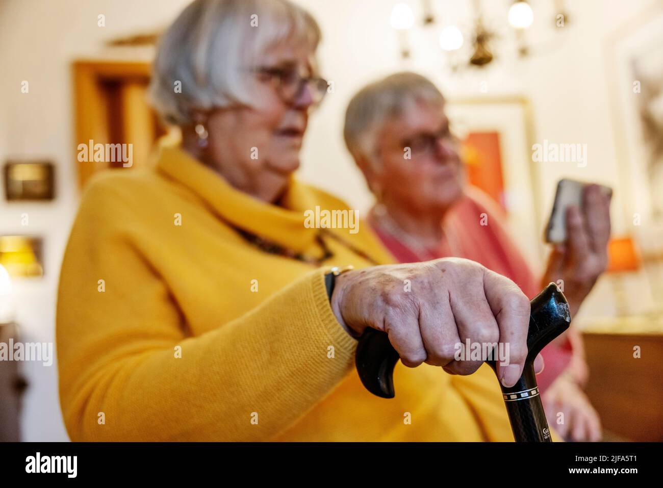 Sa sœur Bocholt, Rhénanie-du-Nord-Westphalie, Allemagne, montre un smartphone à une personne âgée avec béquille Banque D'Images
