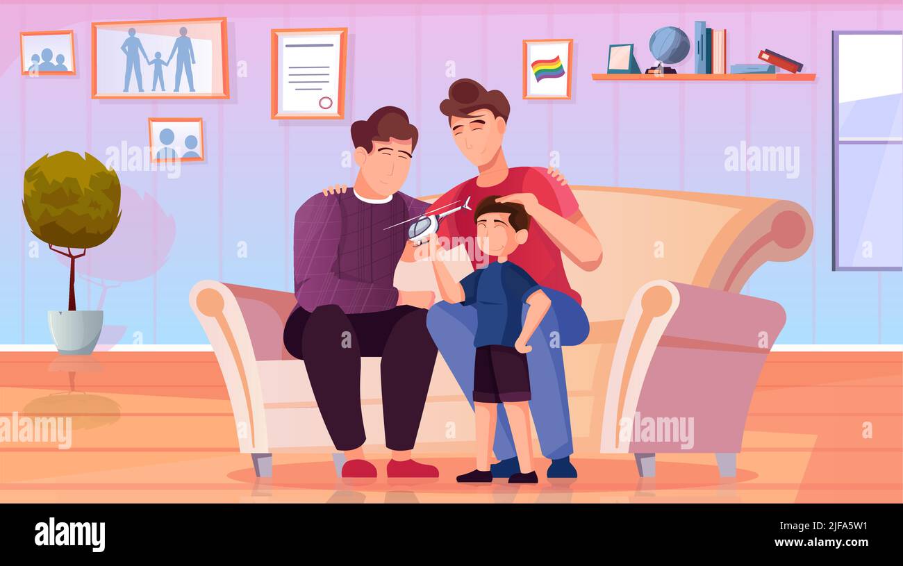 Bonne famille homosexuelle avec enfant assis sur un canapé plat fond vectoriel illustration Illustration de Vecteur