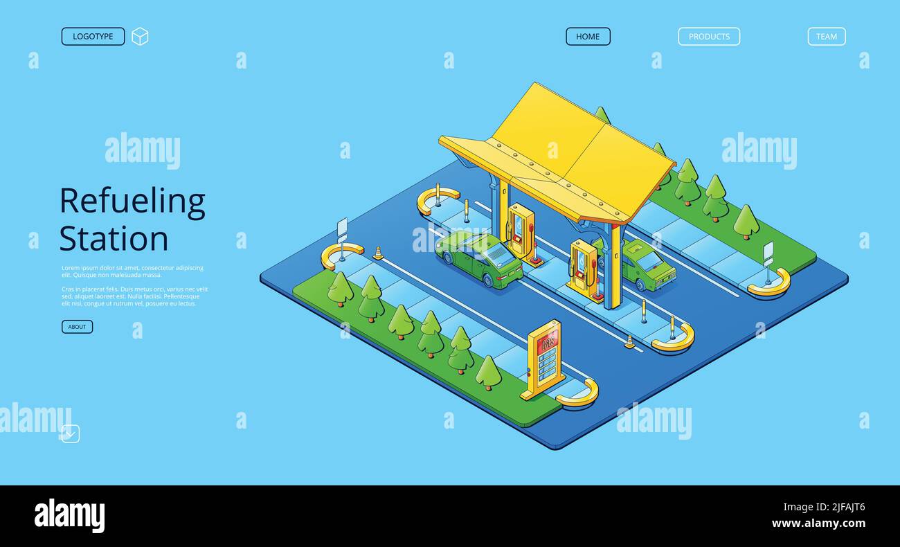 Bannière de station-service de ravitaillement avec voitures, pompes à huile et prix affichés sur la route. Page de renvoi Vector de la station-service avec illustration isométrique de la boîte automatique Illustration de Vecteur