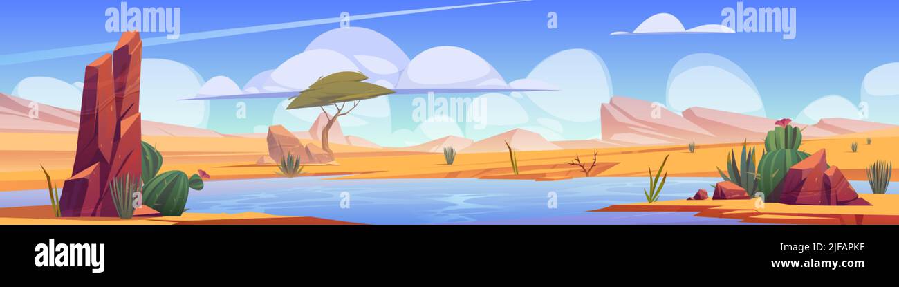 Oasis avec eau bleue et plantes dans le désert africain. Dessin animé vectoriel illustration panoramique du paysage du désert de sable avec des cactus verts, rivière et moun Illustration de Vecteur