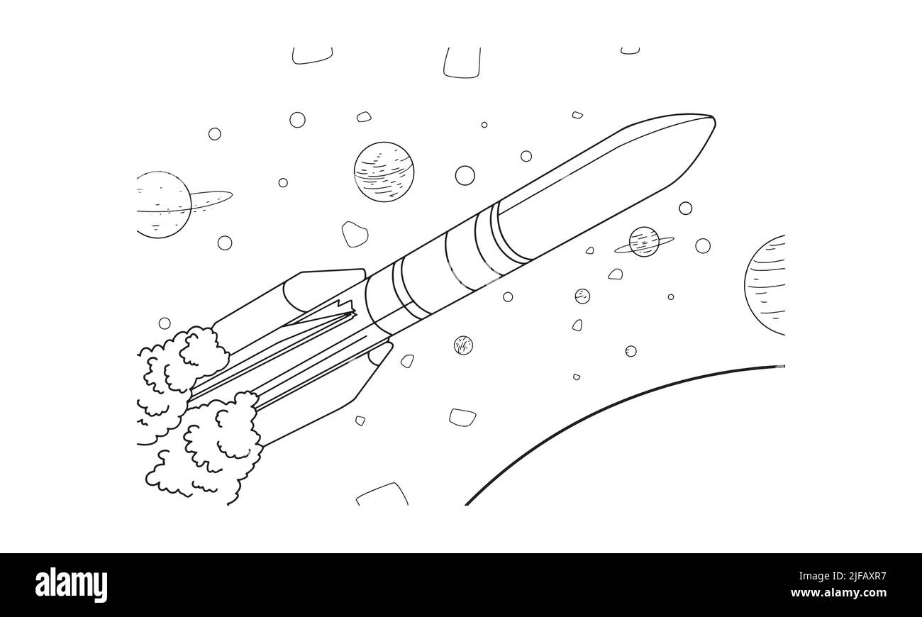 Illustration vectorielle de dessin au trait de fusée pour livre de coloriage. Dessin de cartoon Spaceship pour le livre de coloriage pour les enfants et les enfants. Dessin d'art d'esquisse f Illustration de Vecteur