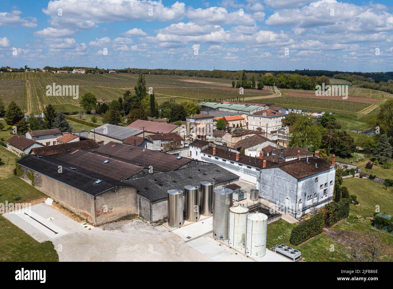 France, Charente, Sireuil, la distillerie Moisans, maison familiale qui produit et conserve le Cognac dans ses caves (vue aérienne) Banque D'Images