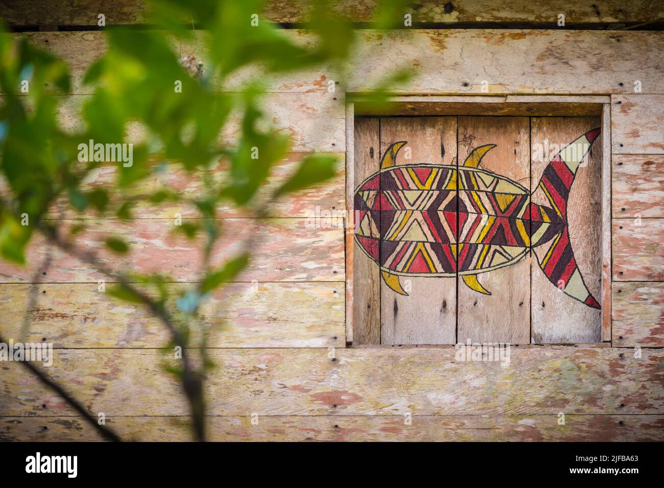 France, Guyane française, Parc amazonien, zone cardiaque, Camopi, Dessin amérindien d'un poisson sur une cabane dans le village Banque D'Images