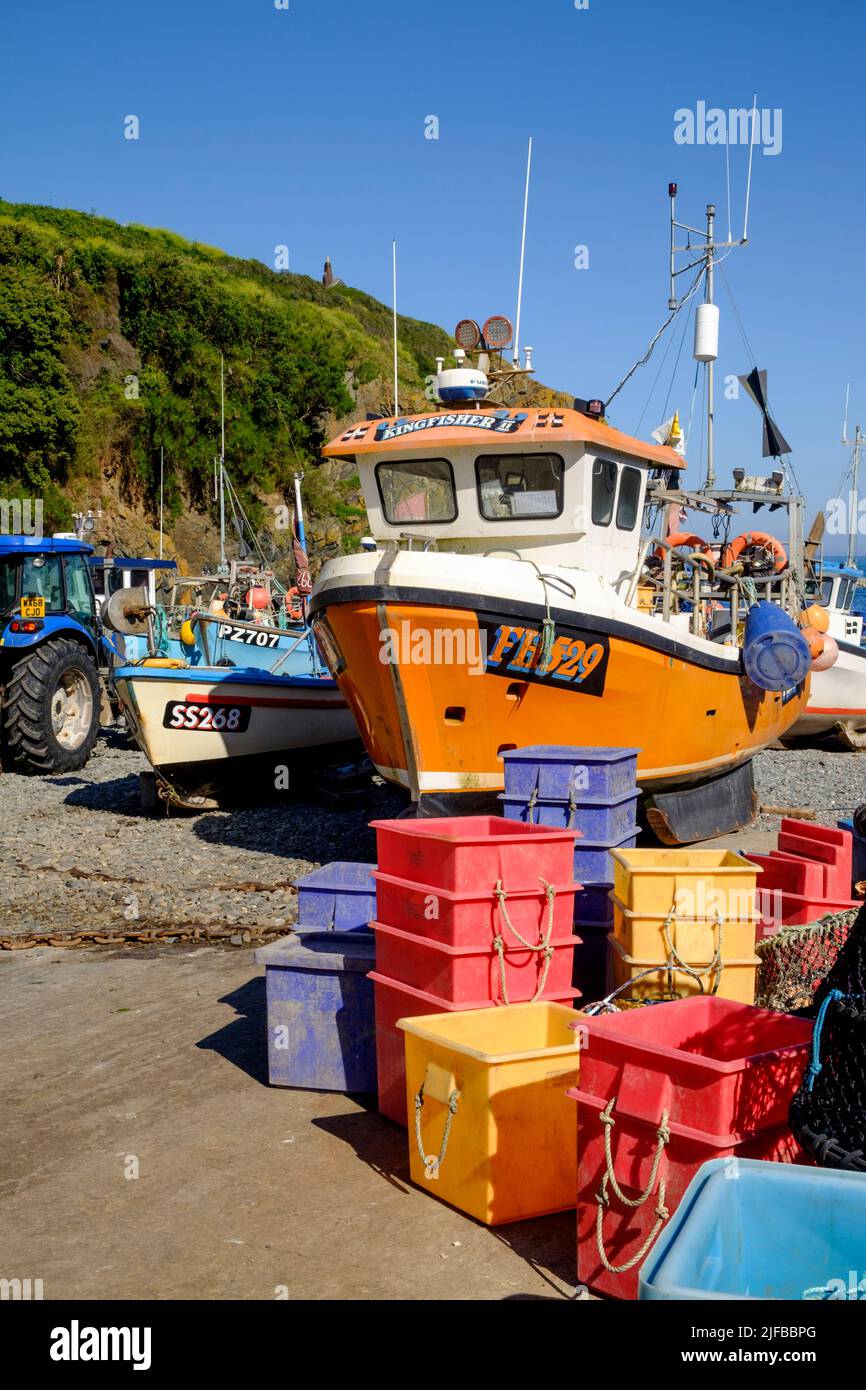 Des bateaux de pêche ont été pêchés sur la plage de galets à la crique de cadgwith sur la péninsule de Lizard Cornwall au Royaume-Uni Banque D'Images