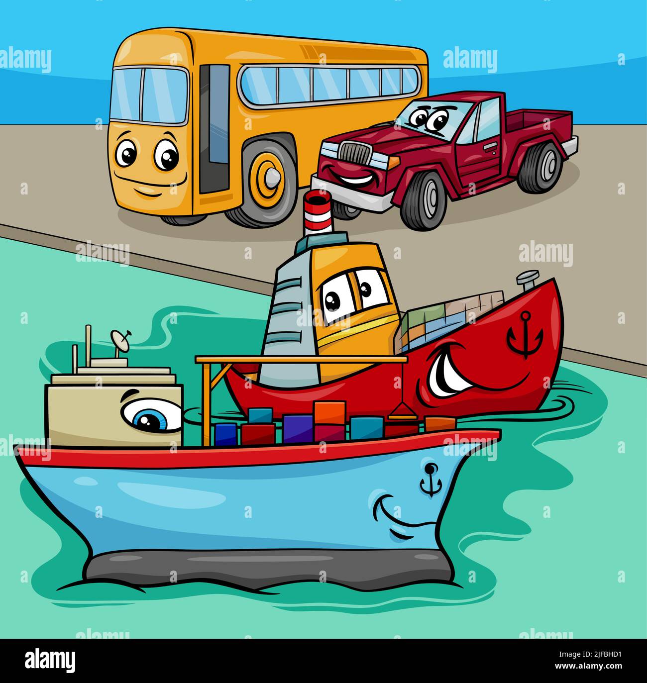 Illustration de dessins animés de navires et de véhicules terrestres drôle groupe de personnages de bande dessinée Illustration de Vecteur