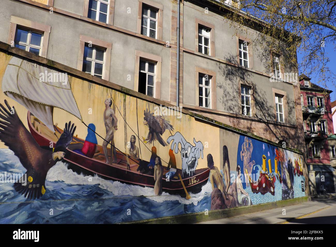 France, Bas Rhin, Strasbourg, rue de la Fabrication des tabacs, mur, fresque du collectif les Braves gens 2019 Banque D'Images