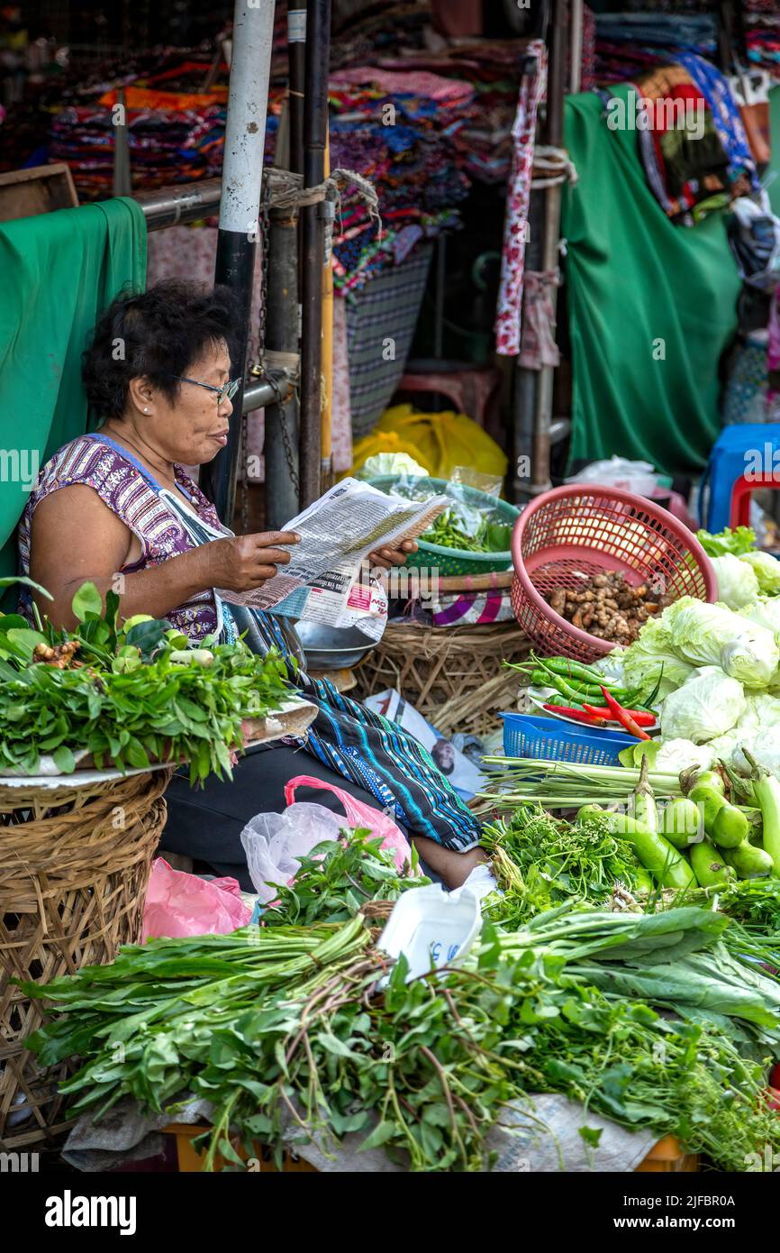 Femme lisant du papier et vendant des légumes, marché de Warorot, Chiang Mai, Thaïlande Banque D'Images