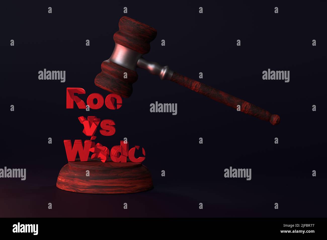 La notion de violation des droits des femmes. Le gavel du juge frappe l'inscription - Roe vs Wade. 3D rendu. Banque D'Images