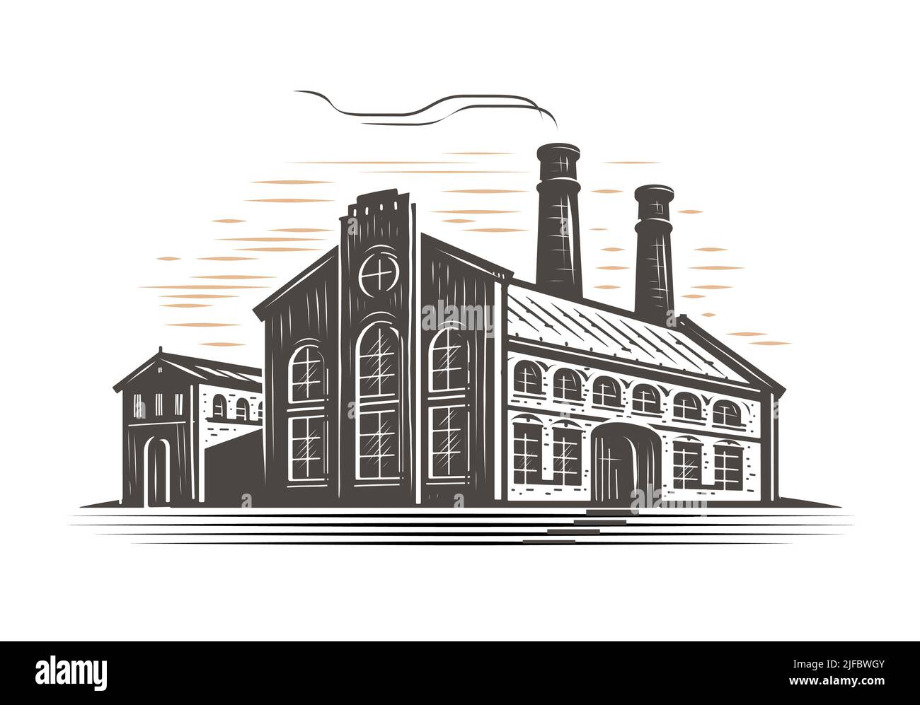 Ancienne façade et cheminées. Dessin de concept de production industrielle dans le style de gravure vintage Illustration de Vecteur