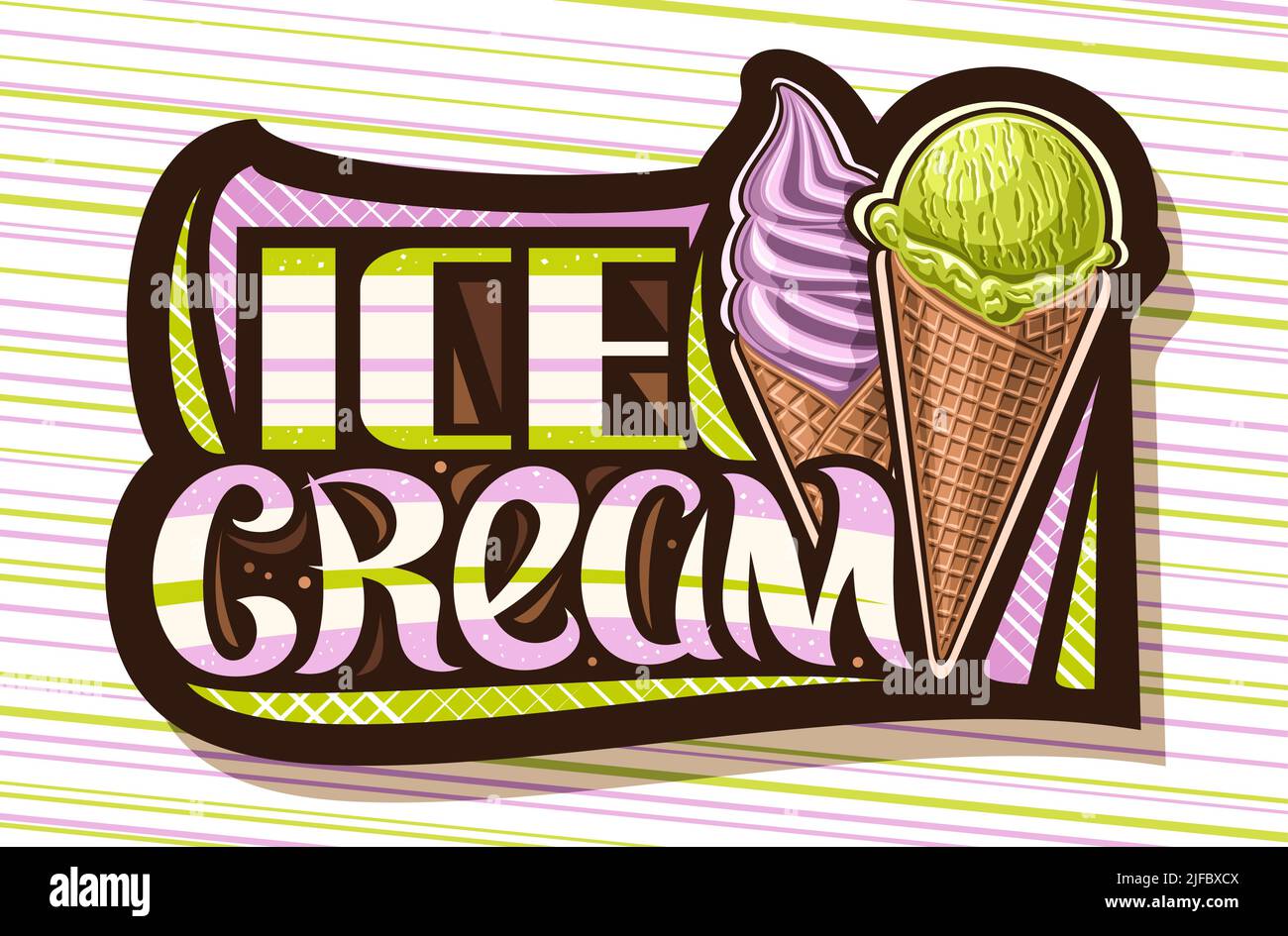 Logo Vector pour Ice Cream, étiquette noire avec illustration de deux différents icecreams dans des cornets de gaufres bruns, panneau de signalisation sombre pour les enfants café avec une laisse unique Illustration de Vecteur