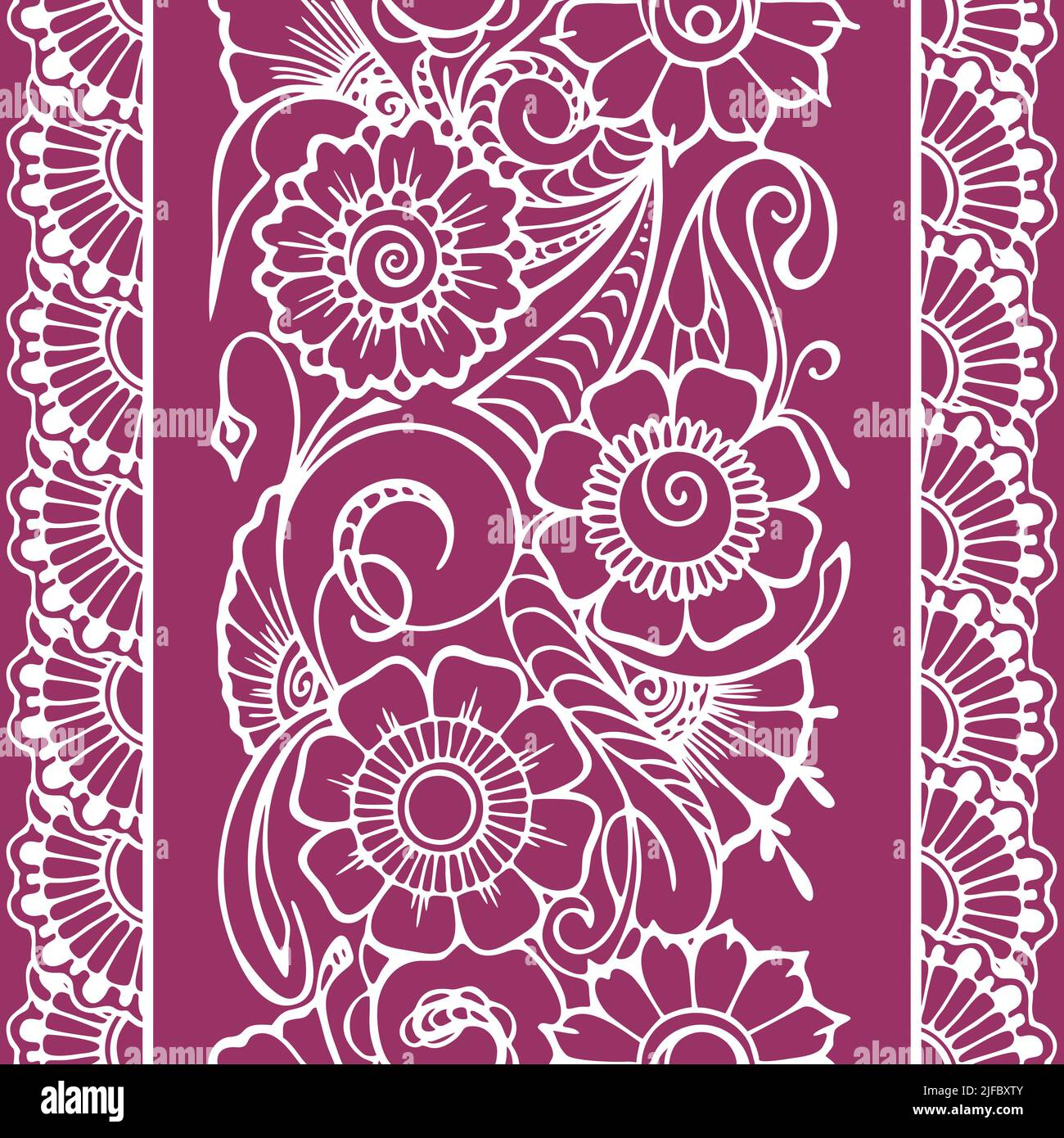 bordure orientale répétée sans couture, contour blanc motif floral sur un fond lilas, texture, cadre Banque D'Images