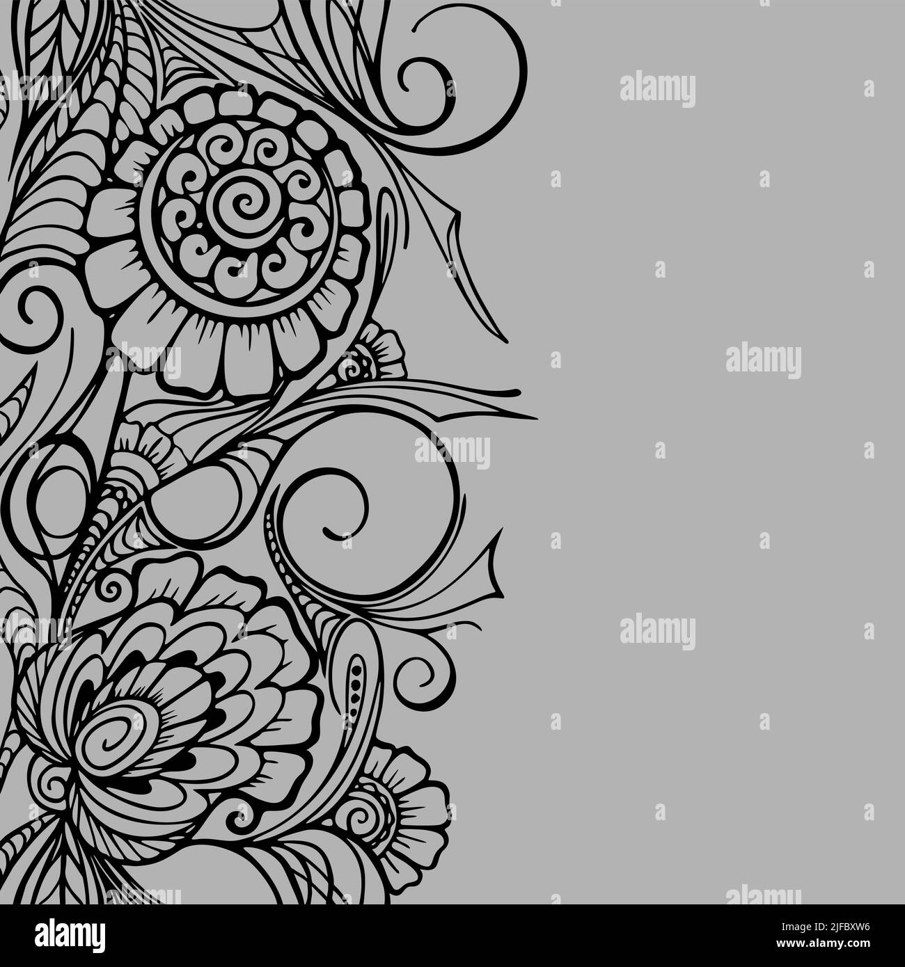 répétition sans couture de la bordure orientale, contour noir motif floral sur fond gris, texture, cadre Banque D'Images