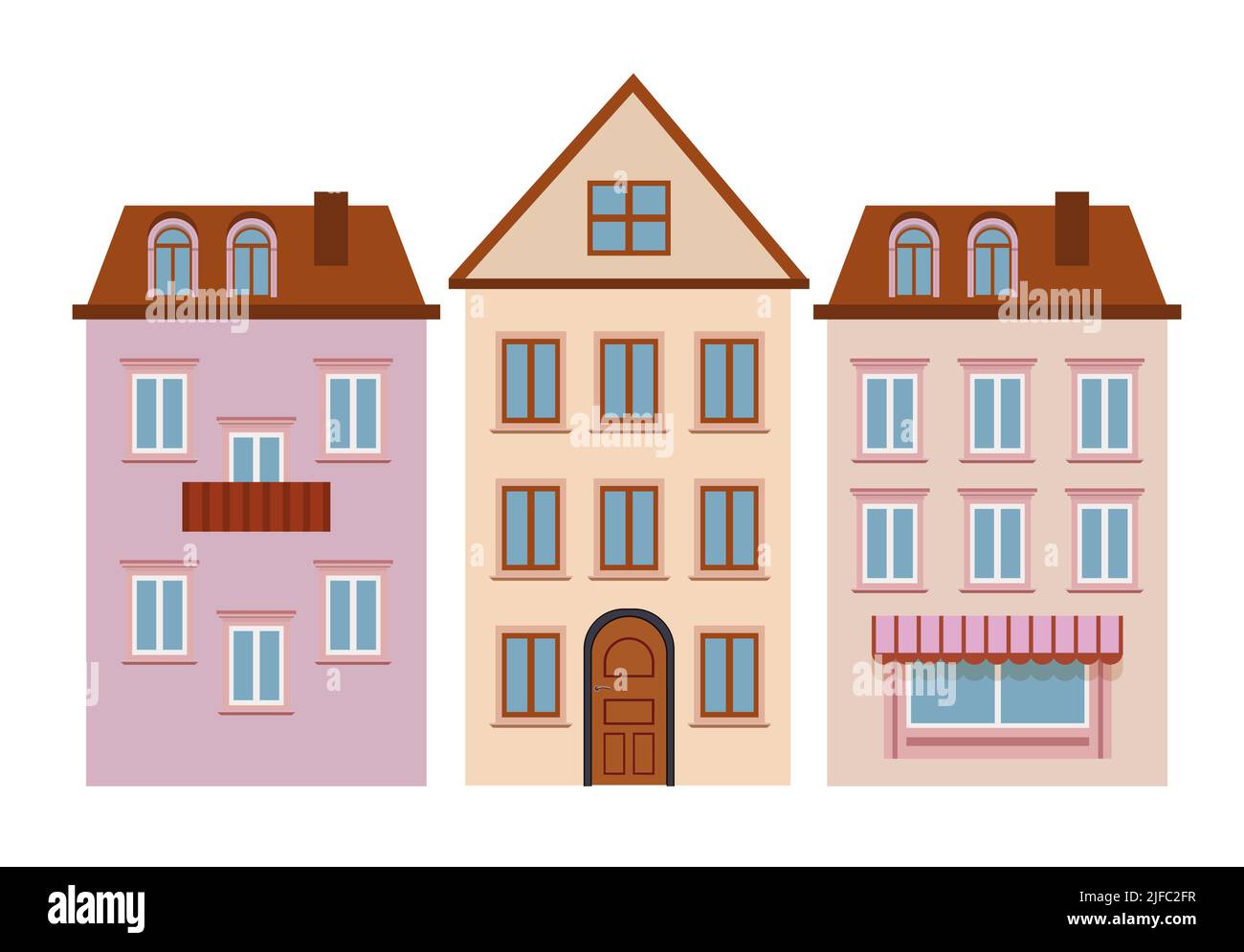 Définir l'icône Maison. Vieille ville européenne de rue. Paysage urbain. Illustration de Vecteur