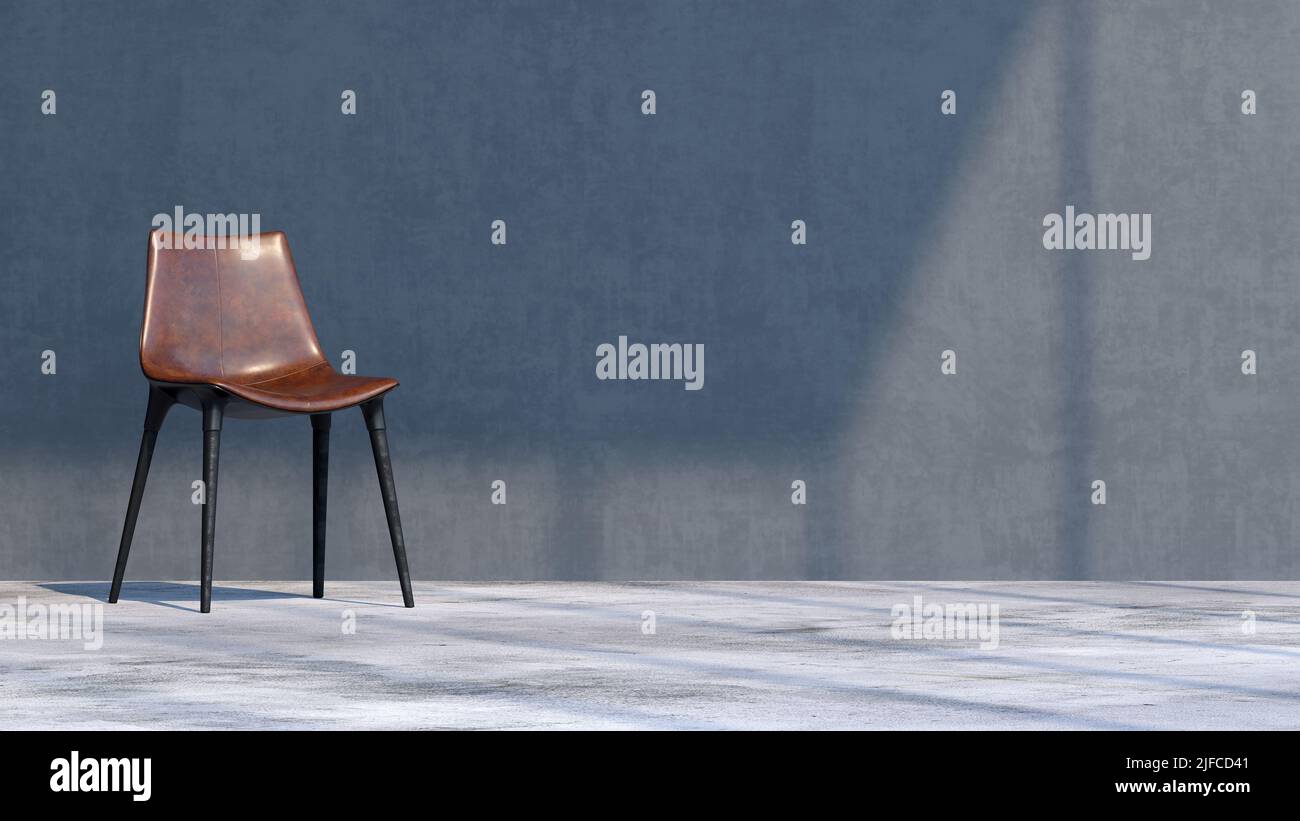 Un rendu 3D d'un fond minimaliste avec une chaise marron près du mur Banque D'Images