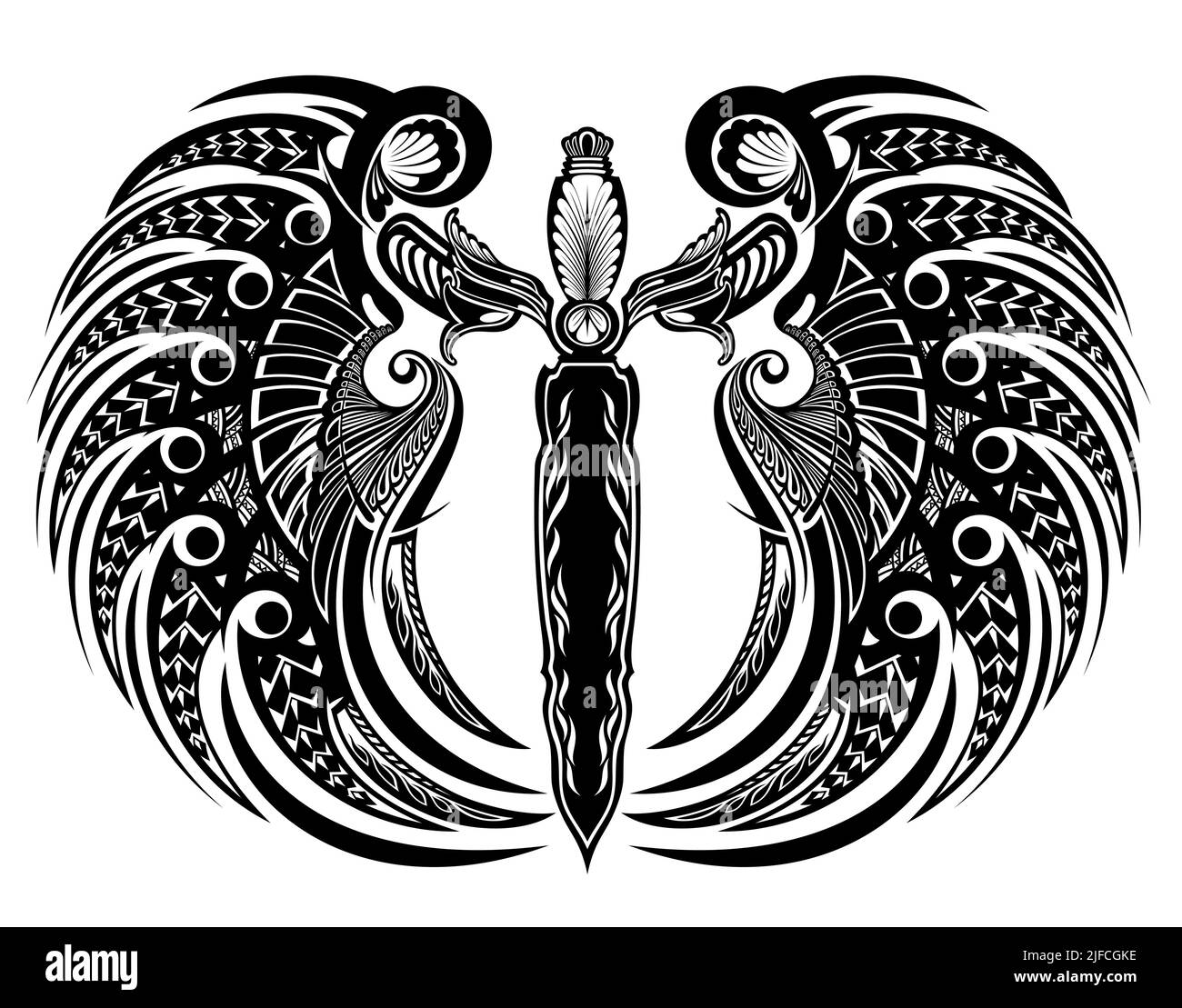 Épée avec ailes. Symbole d'épée de tatouage sur fond noir. Illustration vectorielle Illustration de Vecteur