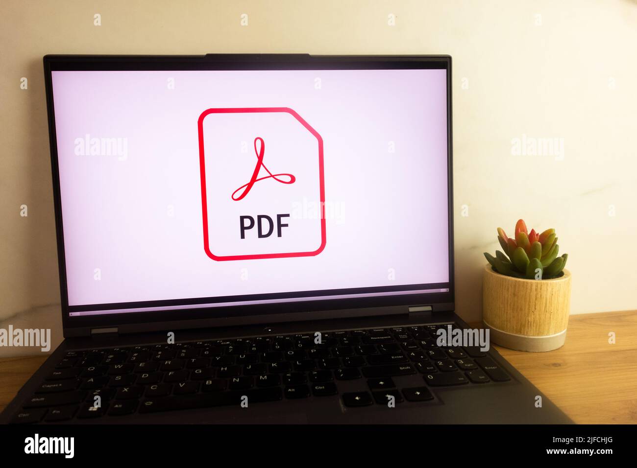 KONSKIE, POLOGNE - 30 juin 2022 : logo du fichier PDF affiché sur l'écran de l'ordinateur portable Banque D'Images