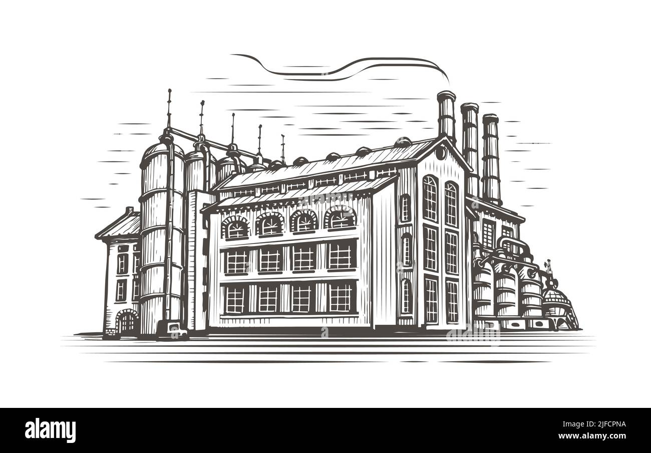 Esquisse d'usine industrielle. Bâtiment de fabrication ancienne dans le style de la gravure ancienne. Illustration vectorielle Illustration de Vecteur