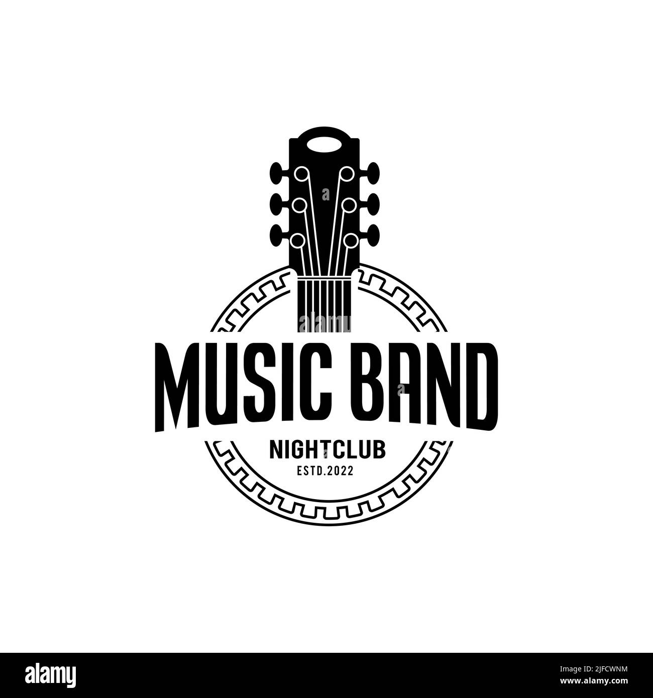 Musique classique et logo de groupe, guitare, logo vintage de club de musique, design de bannière de ruban rétro Illustration de Vecteur