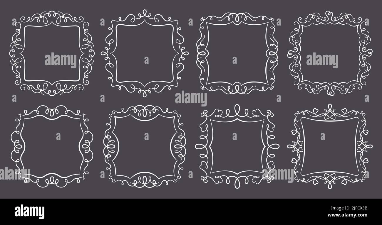 Ensemble de filigree à motif d'éléments de style vintage et cadre en spirale. Les boucles à bordures classiques fleurissent la décoration de mariage, romantique décoration de rouleau d'étiquette. Séparateur décoratif, cadres de tourbillons décoratifs Illustration de Vecteur
