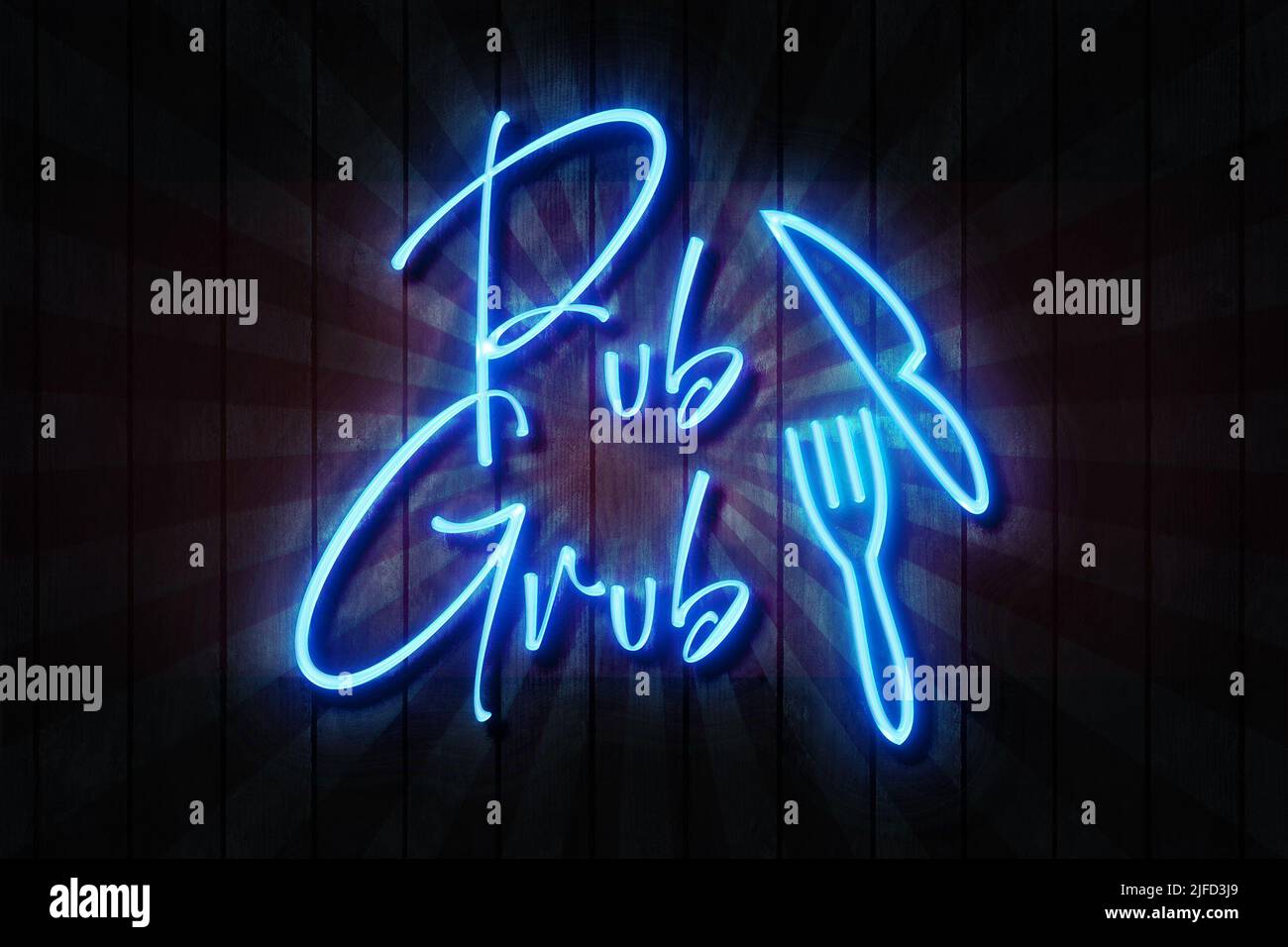 Panneau néon bleu de pub GRUB sur une illustration de mur en bois foncé de 3D. Banque D'Images