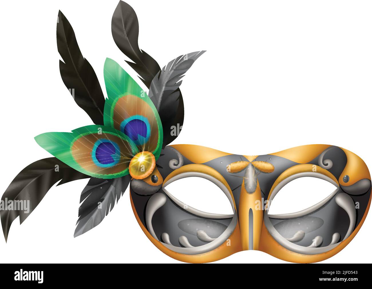 Composition réaliste de masque carvinal avec image isolée de masque mascarade avec illustration vectorielle de plumes de paon Illustration de Vecteur