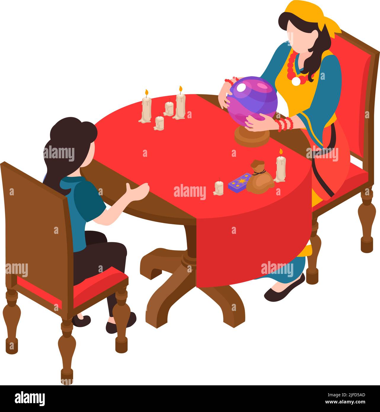 Icône de fortune avec client et tzigane utilisant des cartes de tarot de boule de cristal runes illustration de vecteur isométrique Illustration de Vecteur