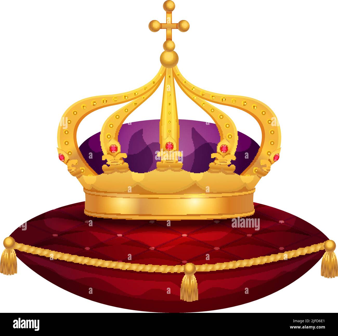 Composition de couronne dorée royale avec image isolée de couronne sur l'illustration vectorielle d'oreiller en velours rouge Illustration de Vecteur