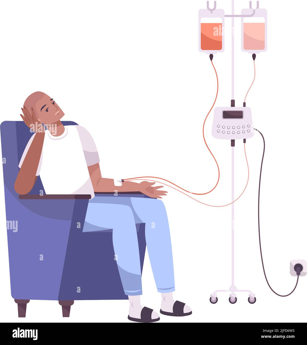 Composition d'un plan d'oncologie avec caractère humain du patient assis dans un fauteuil avec illustration du vecteur du tube tombant Illustration de Vecteur