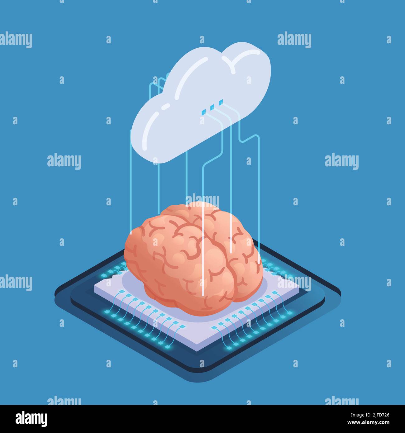 Intelligence artificielle composition isométrique avec des fils d'icône de nuage de concept et le cerveau humain sur l'illustration vectorielle de plate-forme de puce de silicium Illustration de Vecteur