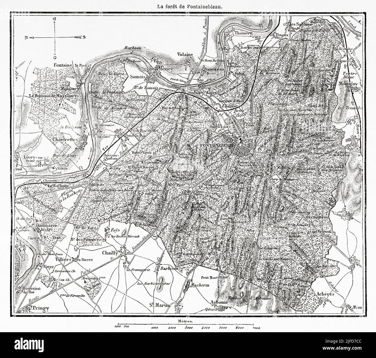 Ancienne carte de la Forêt de Fontainebleau. Seine-et-Marne, France. Europe. Le Château et la Forêt de Fontainebleau par du pays du Tour du monde 1867 Banque D'Images