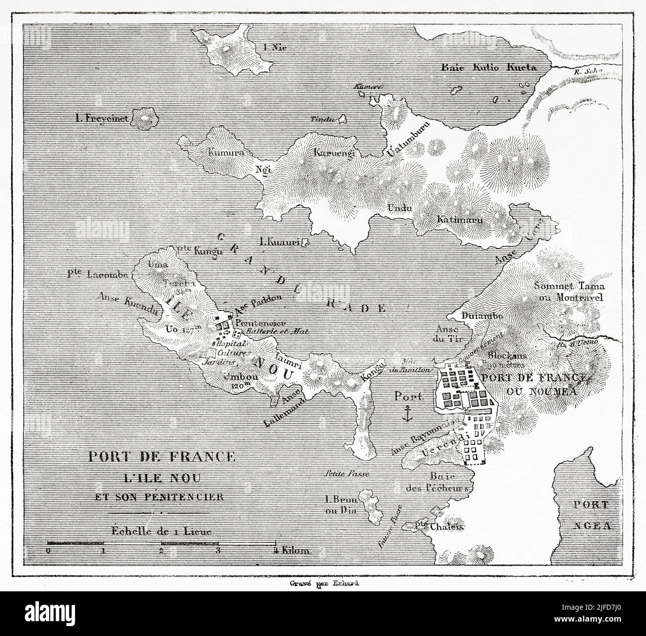Ancienne carte de Nouméa, Nouvelle-Calédonie. Voyage en Nouvelle-Calédonie par Jules Garnier 1863-1866 au départ du Tour du monde 1867 Banque D'Images