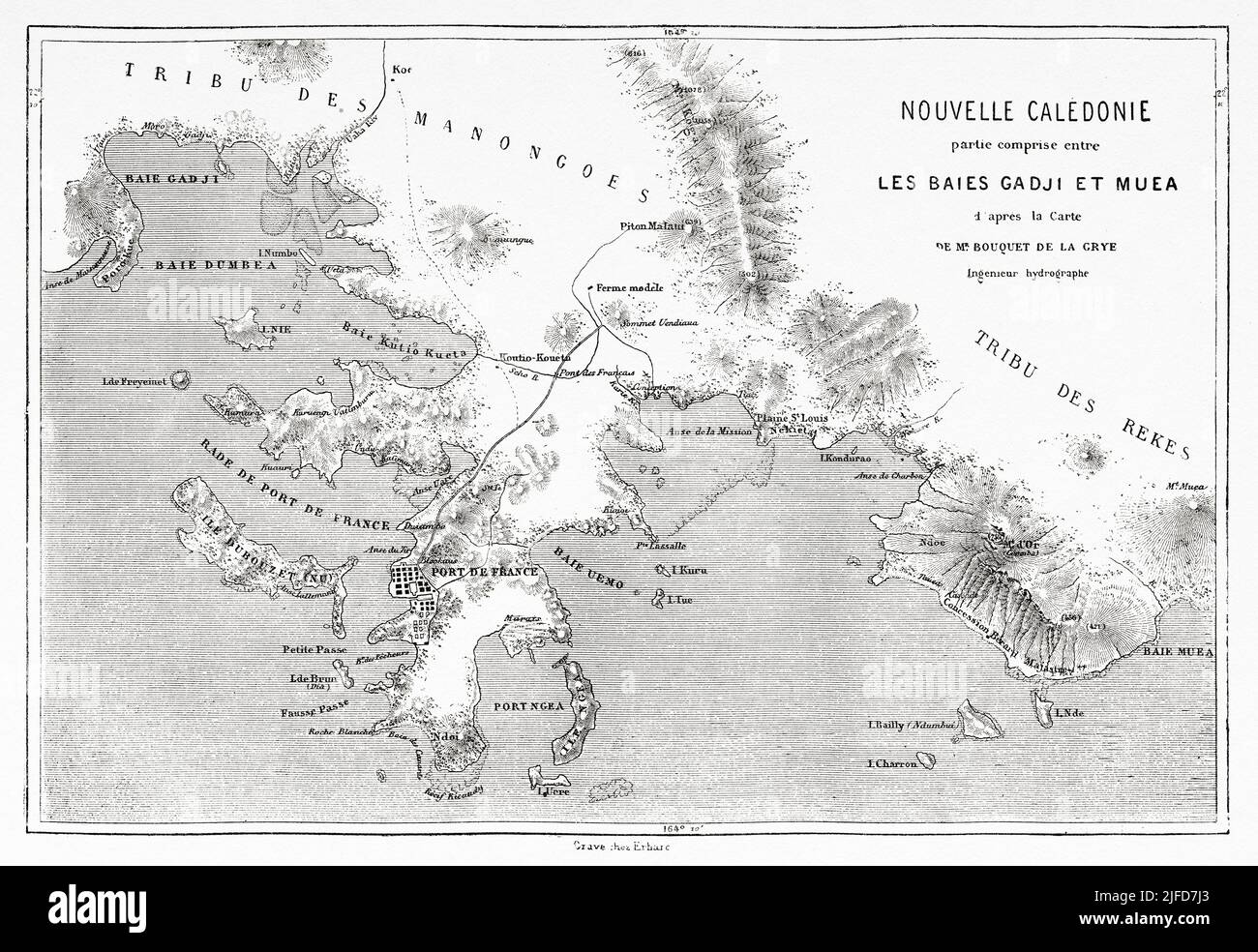 Ancienne carte de la région de Nouméa, Nouvelle-Calédonie. Voyage en Nouvelle-Calédonie par Jules Garnier 1863-1866 au départ du Tour du monde 1867 Banque D'Images