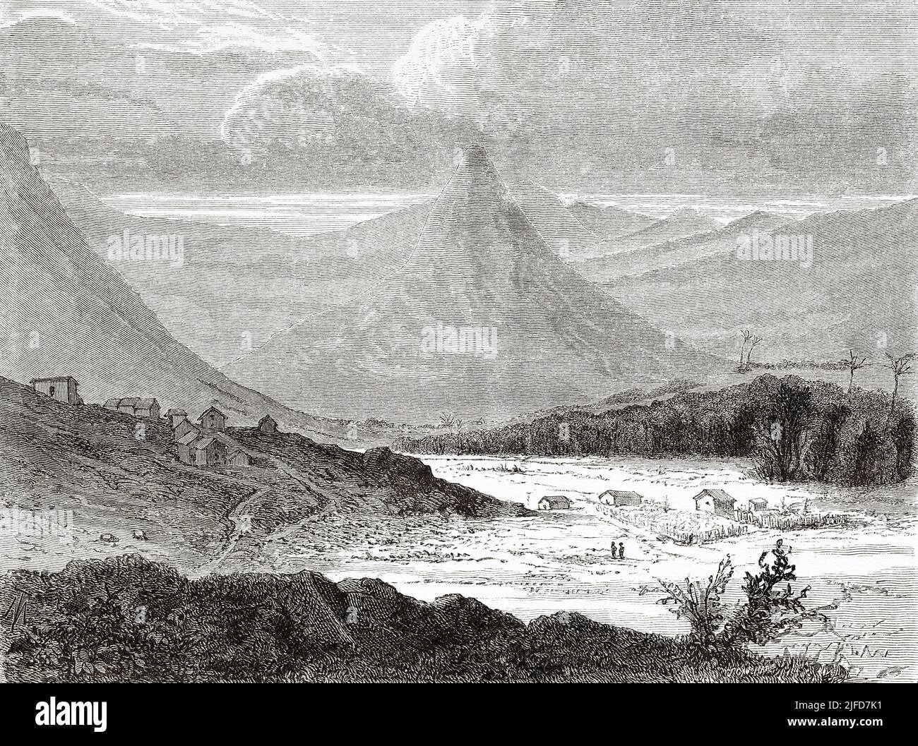 Vue sur Canala, Nouvelle-Calédonie. Voyage en Nouvelle-Calédonie par Jules Garnier 1863-1866 au départ du Tour du monde 1867 Banque D'Images