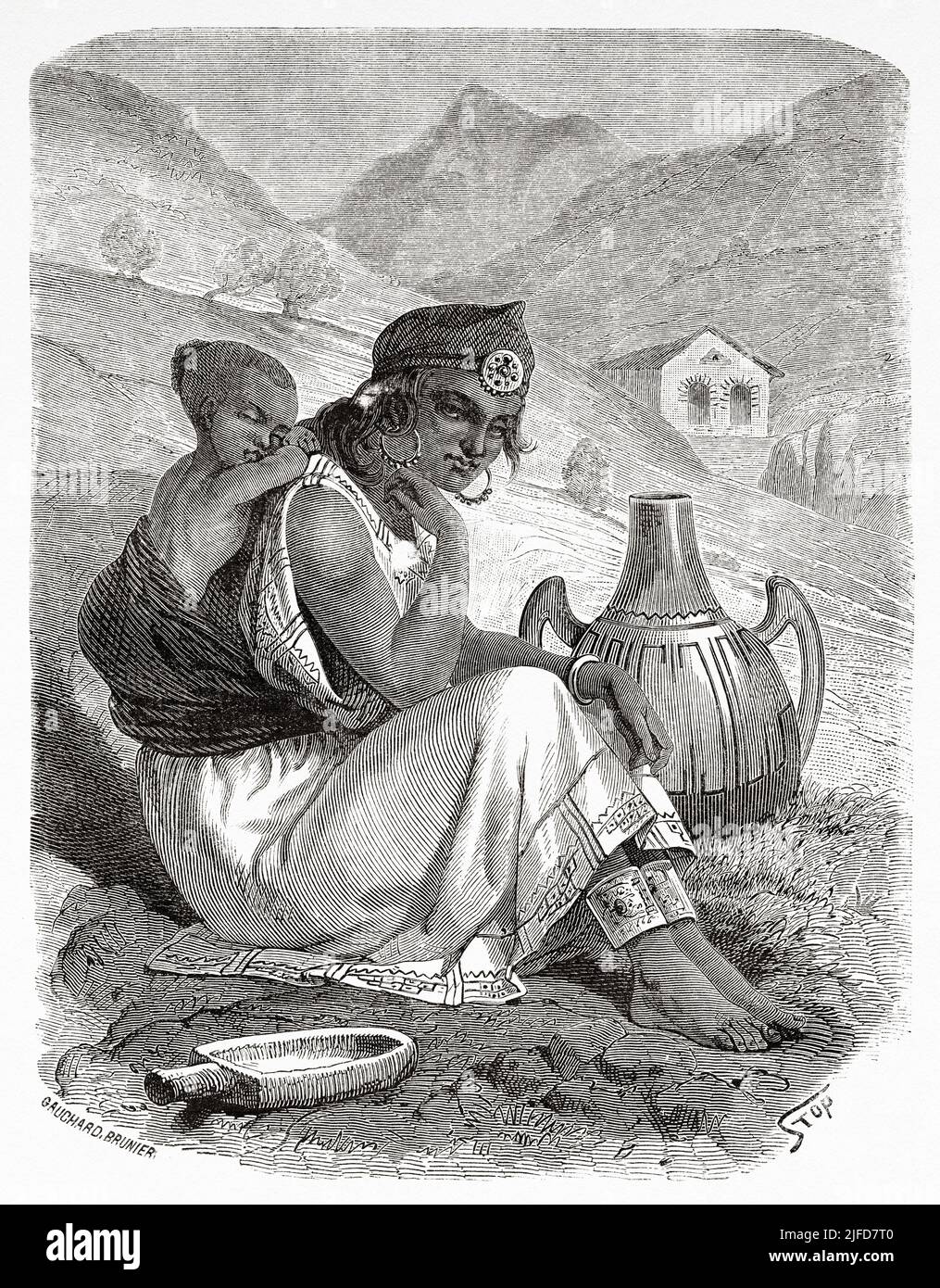 Kabyle femme avec son jeune fils sur le dos, Kabylie. Algérie du Nord, Afrique. Excursion en Grande Kabylie par le commandant Emile Duhousset 1864 depuis le Tour du monde 1867 Banque D'Images