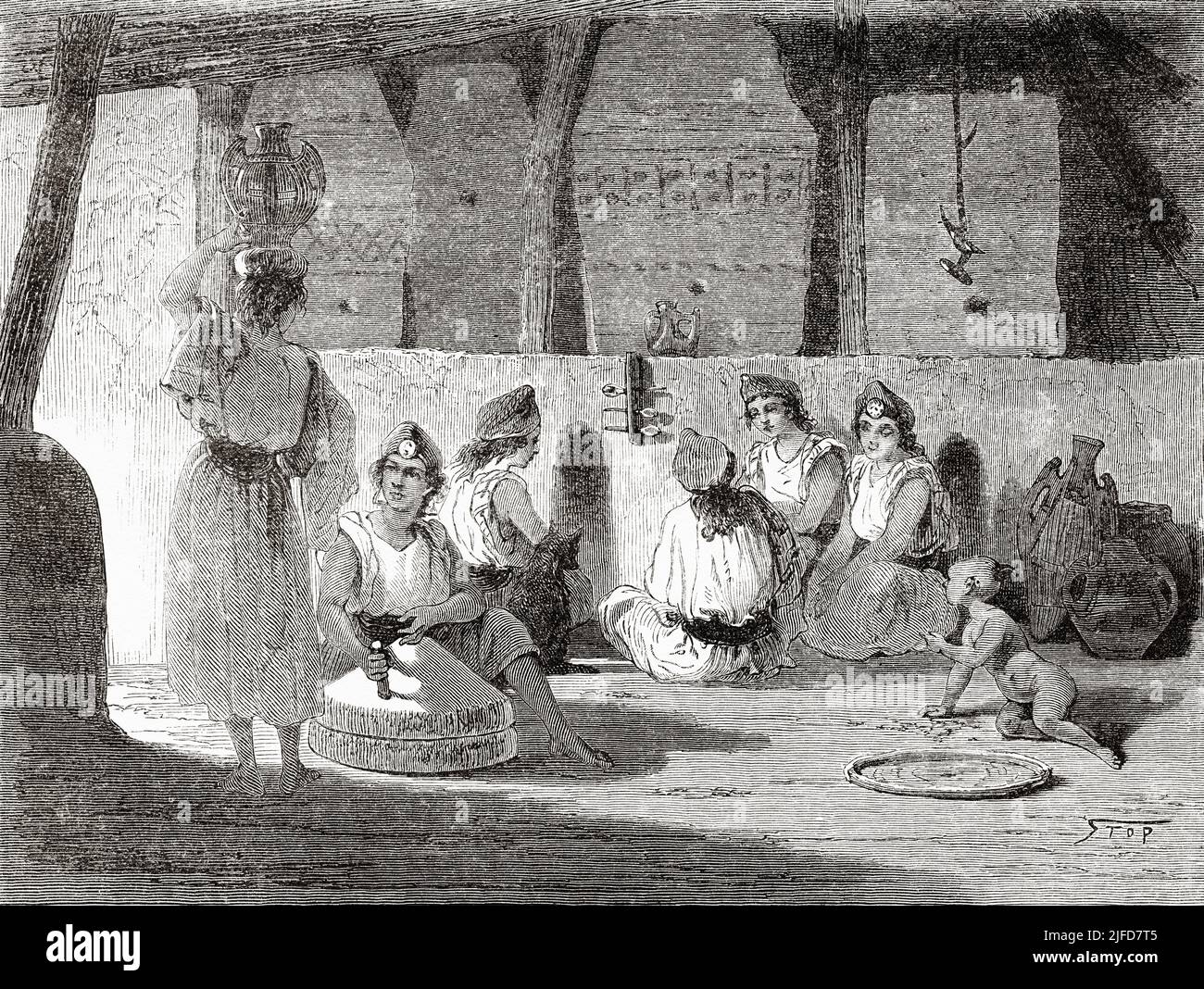Femmes travaillant à meuler du blé avec des meules, Kabylie. Algérie du Nord, Afrique. Excursion en Grande Kabylie par le commandant Emile Duhousset 1864 depuis le Tour du monde 1867 Banque D'Images