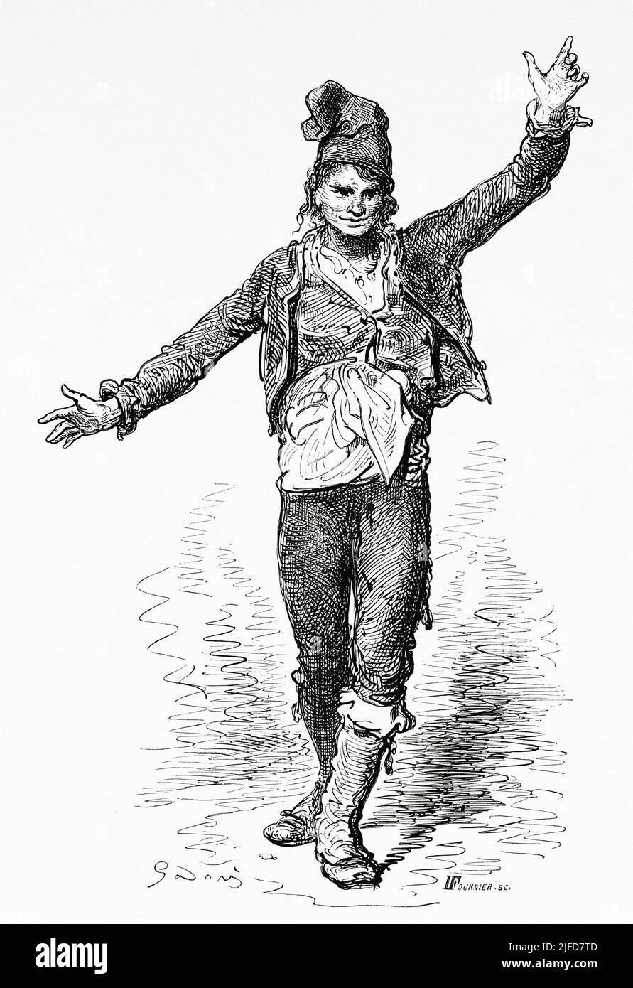 Gallego homme dansant le galicien Jota ou gallegada. Danse folklorique galicienne dansée en Galice. Espagne. Europe. Voyages en Espagne par Gustave Dore et Jean Charles Davillier du Tour du monde 1867 Banque D'Images