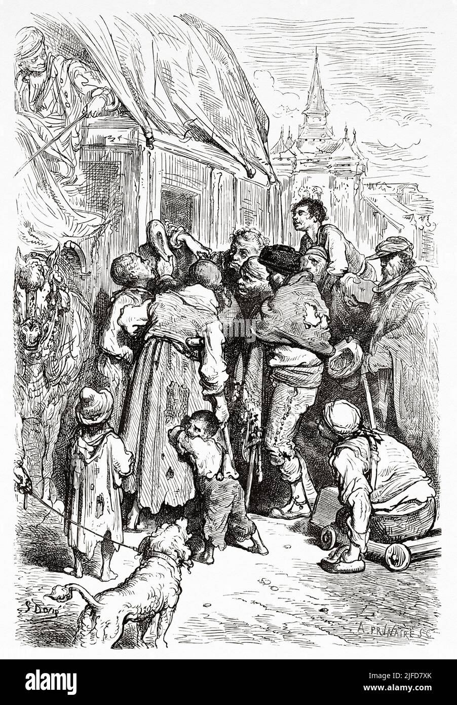 Arrivée d'une stagecoach dans une auberge à Santa Cruz de Mudela, Castilla la Mancha. Espagne. Europe. Voyages en Espagne par Gustave Dore et Jean Charles Davillier du Tour du monde 1867 Banque D'Images