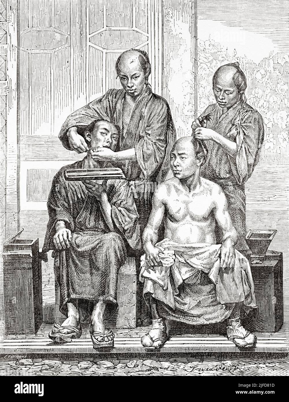 Barbiers japonais, Tokyo. Japon, Asie. Voyage au Japon par aime Humbert 1863-1864 depuis le Tour du monde 1867 Banque D'Images