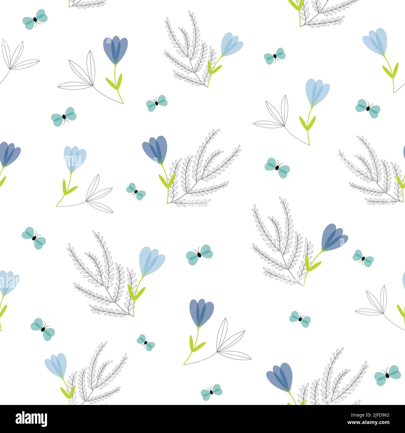 Jardin floral bleu vectoriel avec arbustes et papillons. Joli fond sans couture à motif de répétition. Illustration élégante dessinée à la main. Illustration de Vecteur