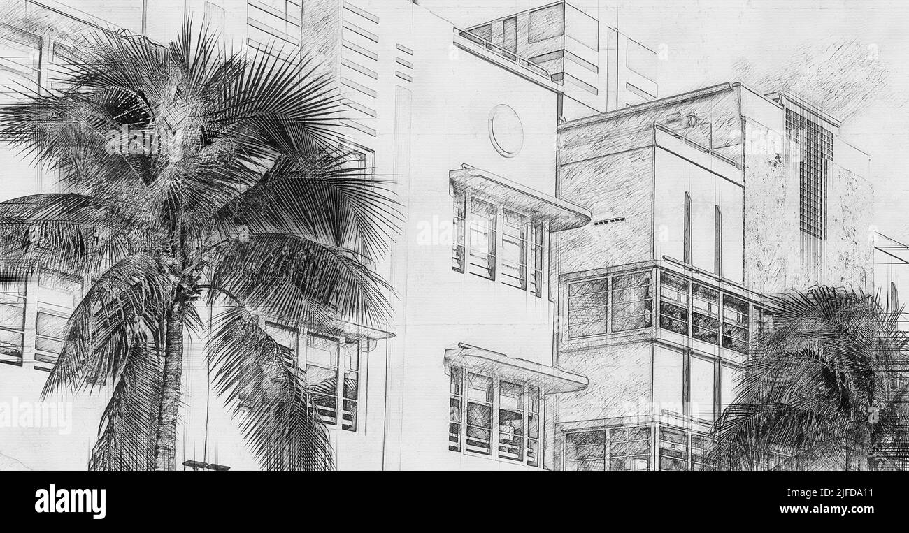 Édifice art déco du quartier art déco de South Beach, Miami, dessin au crayon à la main Banque D'Images