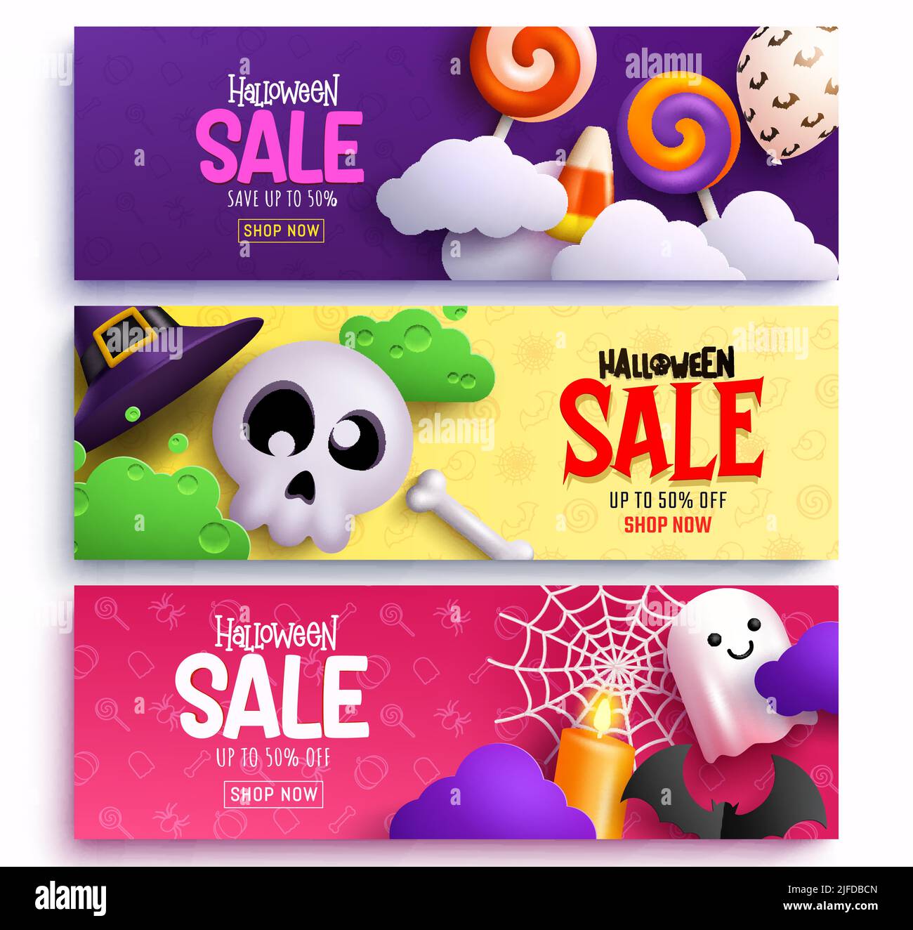 Ensemble de bannières vectorielles pour Halloween. Texte de la vente d'Halloween avec offre de réduction saisonnière pour le design des annonces promotionnelles de prix Trick ou Treat. Illustration vectorielle. Illustration de Vecteur