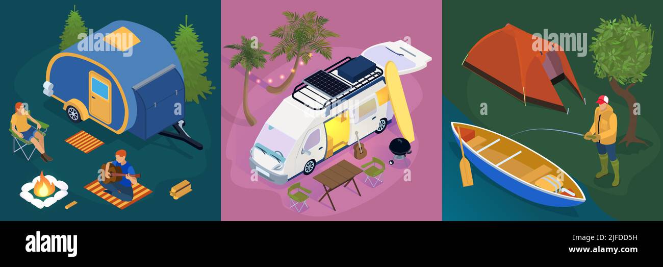 Concept de parc de remorques isométriques avec repos de pêche à côté d'un feu de camp et d'un campervan dans l'illustration de vecteur forestier Illustration de Vecteur