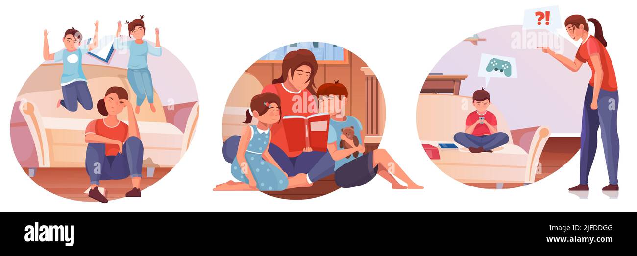 Compositions plates de maternité ensemble de scènes colorées à l'intérieur de la maison avec illustration vectorielle isolée de la mère et de l'enfant Illustration de Vecteur