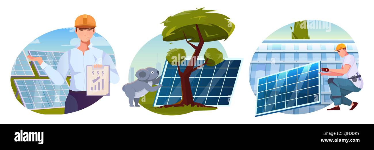 Compositions plates écologiques avec illustration vectorielle isolée d'une ferme solaire et d'un équipement d'énergie solaire monté par les employés et les travailleurs Illustration de Vecteur