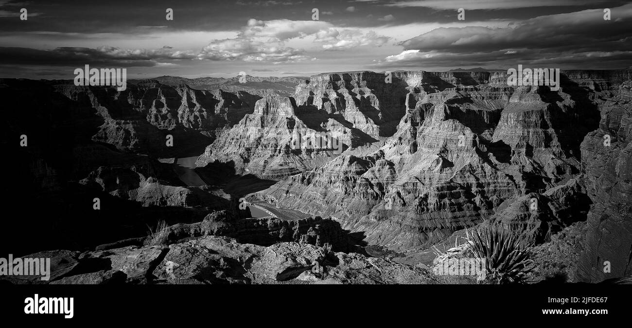 Vue en noir et blanc du Grand Canyon, dans l'État de l'Arizona, États-Unis, Amérique. Banque D'Images