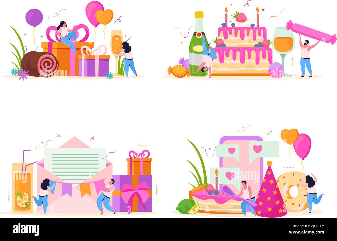 Ensemble d'anniversaire de quatre compositions plates avec de petits personnages humains et des lettres de vœux avec illustrations vectorielles de boîtes-cadeaux Illustration de Vecteur
