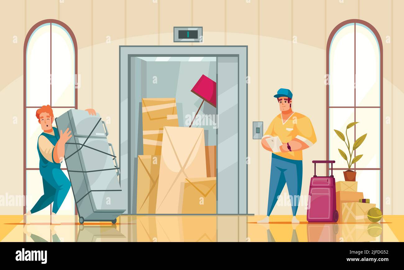 Nouvelle maison intérieur de composition de dessin animé avec service de déplacement apporter des meubles de réfrigérateur arranger les effets selon les instructions vecteur illustraa Illustration de Vecteur
